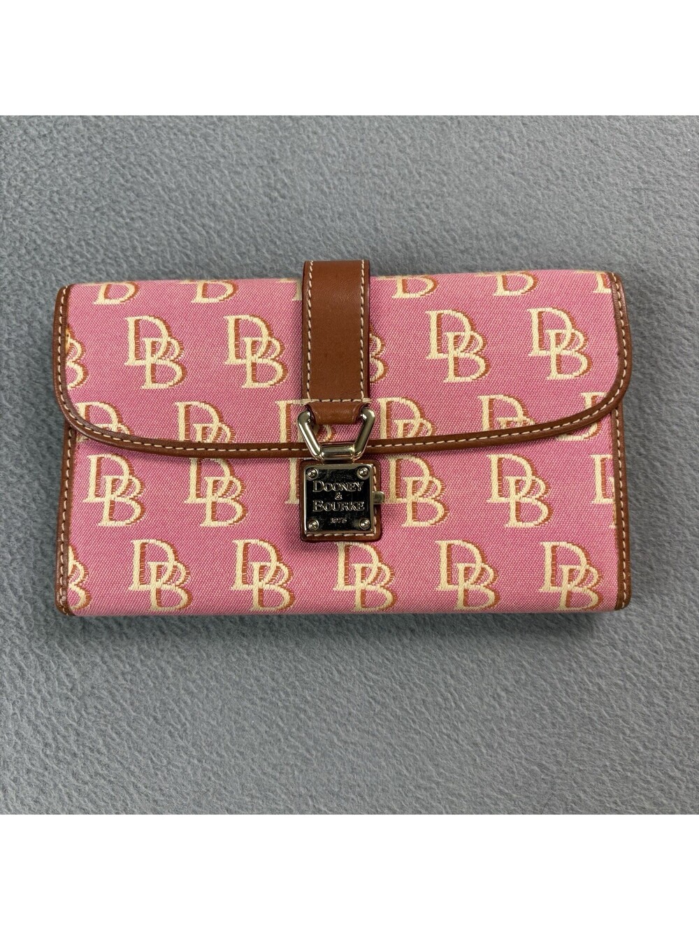 Dooney & Bourke Pink Monogram Canvas Trifold Wallet Leather Trim Vintage Used